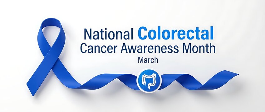 National colorectal cancer awareness month march blue ribbon with illustration of intestines on white background awareness symbol