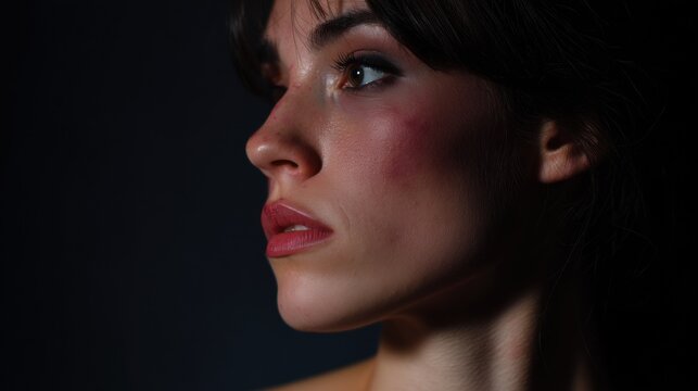 Close-up portrait of a young woman's face. she is facing away from the camera, with her head turned slightly to the side.