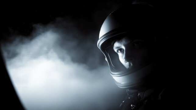 Black and white photograph of a person wearing a helmet. the person is looking directly at the camera with a serious expression on their face.