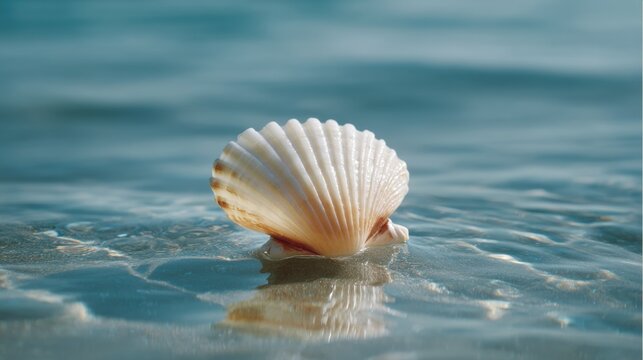 Close-up of a seashell floating on the surface of the water. the shell is white with a scalloped edge and appears to be a type of conch shell.