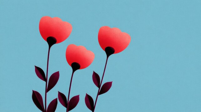 Digital illustration of three red flowers on a light blue background. the flowers are arranged in a triangular formation, with the largest flower in the center and two smaller ones on either side.