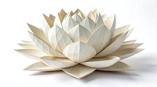 A delicate sculpted paper lotus flower displays intricate petal layers in a minimalist bright studio setting
