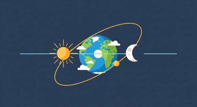 Earth orbiting the sun with moon and clouds flat vector illustration representing seasons and day-night cycle for educational or scientific concepts
