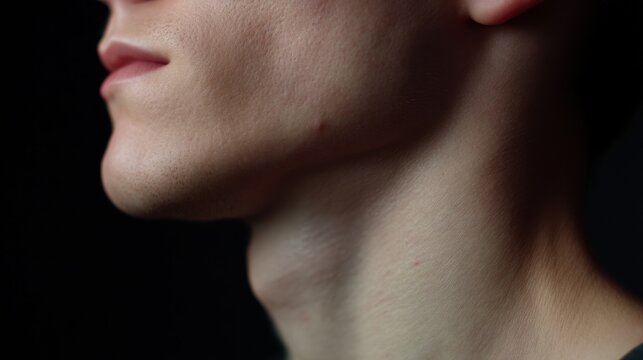 Close-up of a person's neck and upper body. the person appears to be in profile, with their face facing towards the left side of the image.
