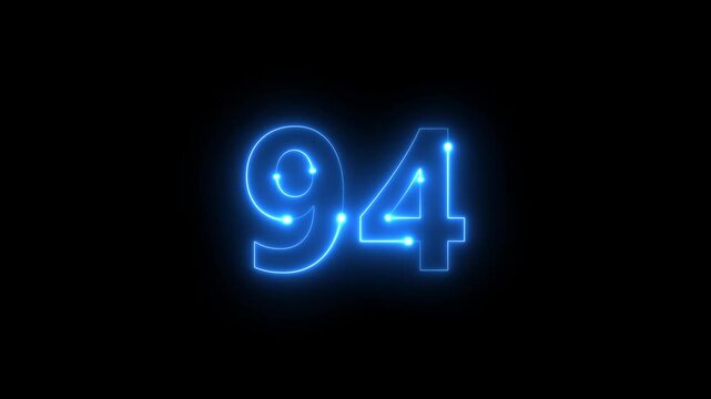 Neon blue glowing numbers 94 are displayed against a solid black background creating a striking visual