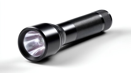 Close-up of a flashlight. the flashlight is black in color and has a cylindrical shape with a pointed end.