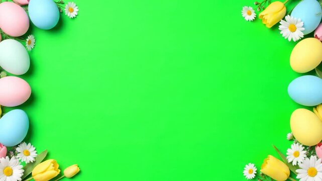 colorful Easter eggs and flowers arranged on a vibrant green background viewed from directly above