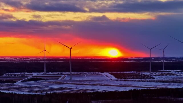 Aerial sliding view along rows of stationary wind turbines silhouetted against dramatic orange sunset sky on calm winter day