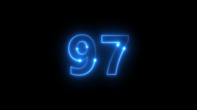 Bright neon blue numbers 97 illuminate against a stark black background creating a digital display
