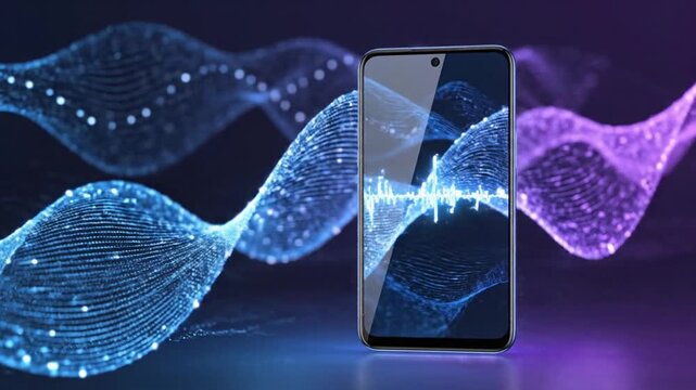Smartphone displaying ECG on screen with futuristic digital wave patterns in background