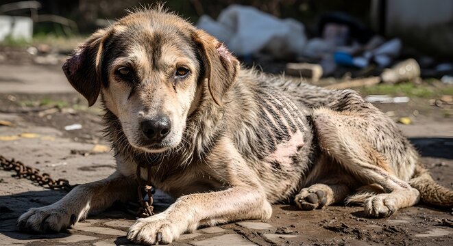 Malnourished stray dog with skin disease and chain neck sitting in abandoned outdoor area
