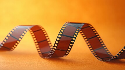 Photorealistic Close-Up of a Twisted Film Strip on an Orange Background