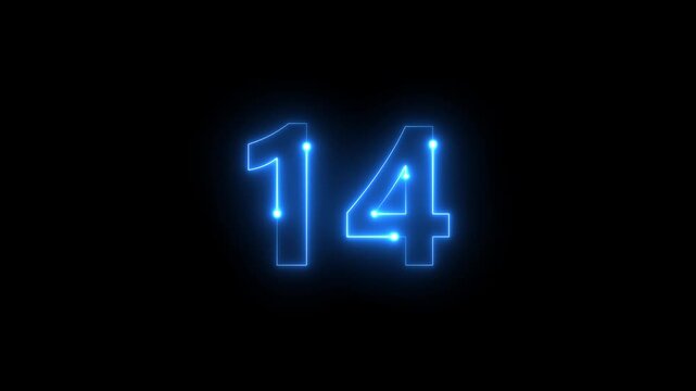 Bright neon blue numbers 14 illuminate against a stark black background creating a digital aesthetic