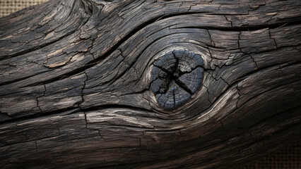 Close-up of a dark wooden surface with a knothole and cracks, against a subtle background.