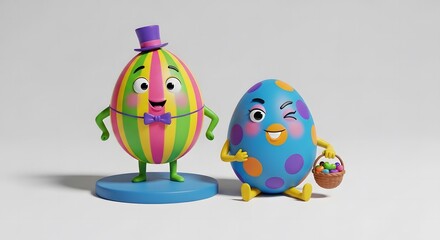 Colorful anthropomorphic eggs with unique accessories and expressions