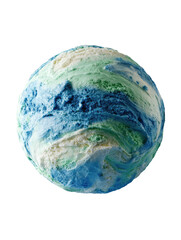 Swirled, textured ice cream scoop in blues, greens, and white, on black