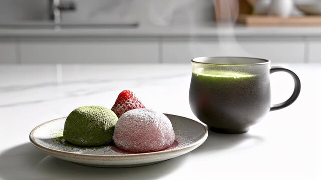 Matcha Mochi and Strawberry Dessert with Hot Green Tea