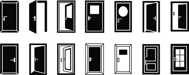 Open door and closed door front view vector icons set for navigation, UI elements, safety signs, and digital graphics projects © ALEX BIN