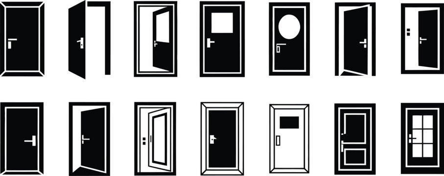 Open door and closed door front view vector icons set for navigation, UI elements, safety signs, and digital graphics projects