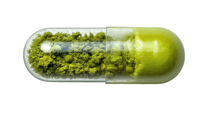 Detailed view of a clear capsule filled with fine green powder, isolated on a black background