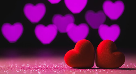 Obraz premium Two red fuzzy hearts on a pink glitter surface with purple heart bokeh