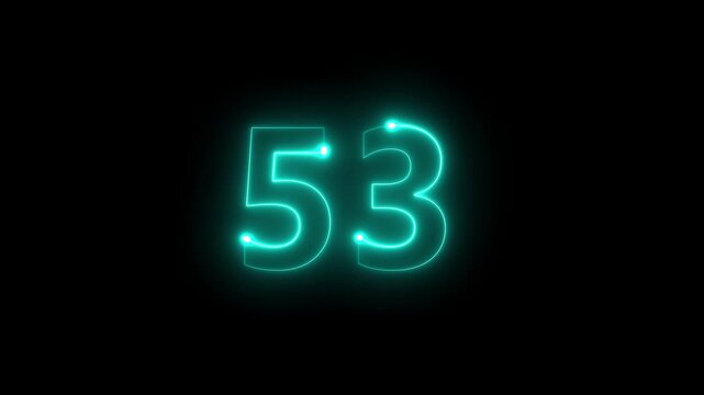 Bright teal neon numbers fifty three illuminate against a stark black background creating a futuristic aesthetic