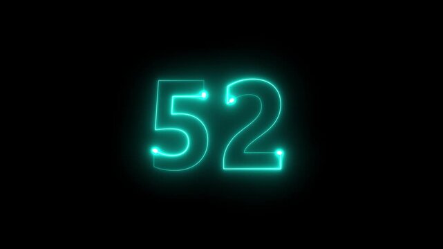A vibrant teal neon light displays the number fifty two against a stark completely black background