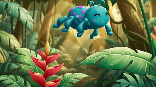 Adorable cartoon spider character exploring a lush jungle with vibrant tropical flowers and dewdrops on leaves, children's animation and educational