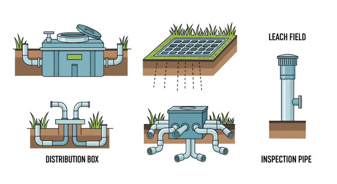 Septic System Components Diagram Featuring a Tank Leach Field Distribution Box and Inspection Pipe for Residential Waste Management Infrastructure Planning.