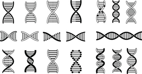 Vector Icon Set of DNA Double Helix Structures, Genetic Research Symbols, Biology Science Illustrations, Biotechnology DNA Strands, and Genome Sequence Icons