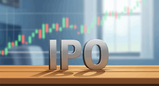 3D letters "IPO" on a wooden table with a blurred stock market graph background
