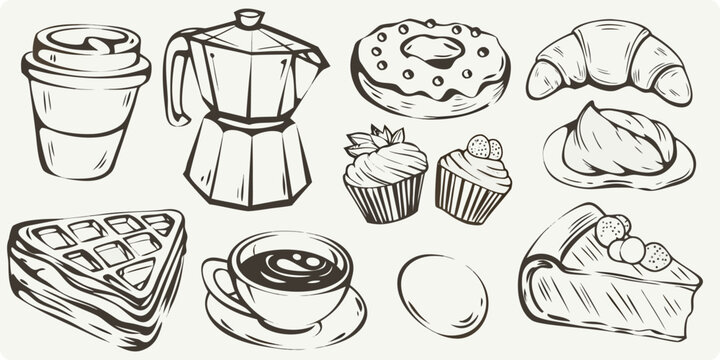 A collection of hand drawn coffee pastries and sweet treats