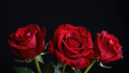 Three Vibrant Red Roses with Water Droplets on Black Background