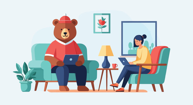 A bear in a red hat and shirt, and a woman work on laptops