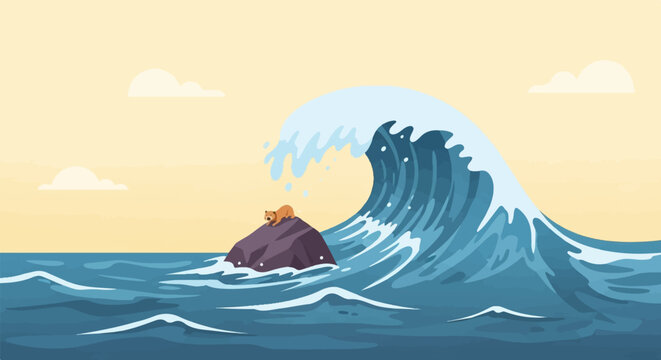 A bear sits on a rock in the ocean, facing a large breaking wave
