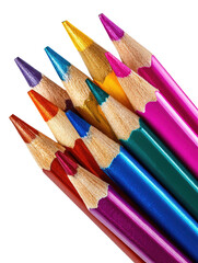Close-up of colorful, sharp-pointed colored pencils on a dark background