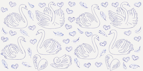 A delicate pattern of sketched swans hearts and feathers in blue