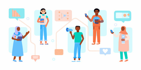 Fototapeta premium Diverse group of people connected by technology and communication icons