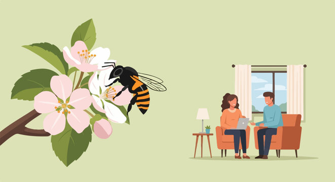A bee on blossoms near a couple in a living room