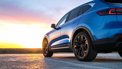 Naklejka premium Close-up of a sleek blue electric SUV rear wheel and taillight at sunset.