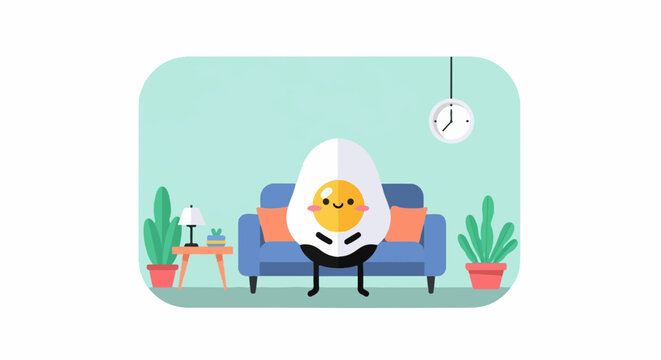 A cartoon egg character sits on a couch with houseplants and a clock
