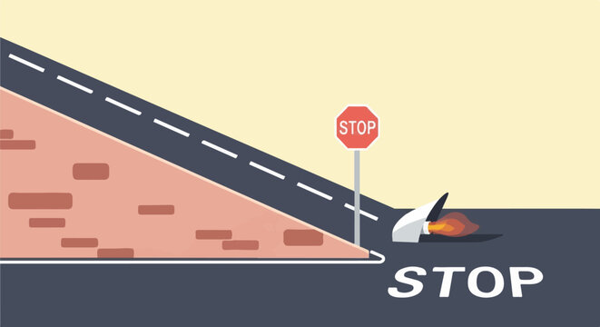 A cartoon illustration of a rocket stopping at a red stop sign on a road