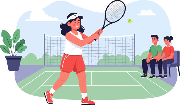A cartoon illustration depicts a tennis match with players and spectators
