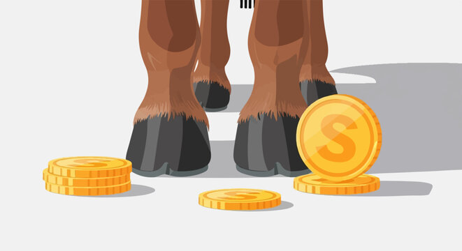 A close-up view of a horse's hooves standing near stacks of gold coins