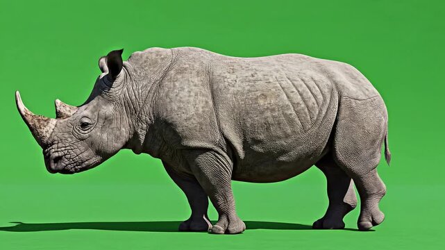 Large gray rhinoceros standing on green background