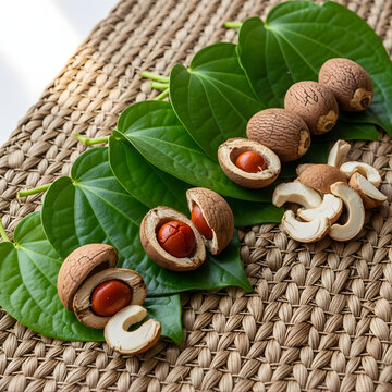 Fresh Areca Nut and Betel Leaves on Woven Mat &ndash; Traditional Asian Betel Quid Ingredients
