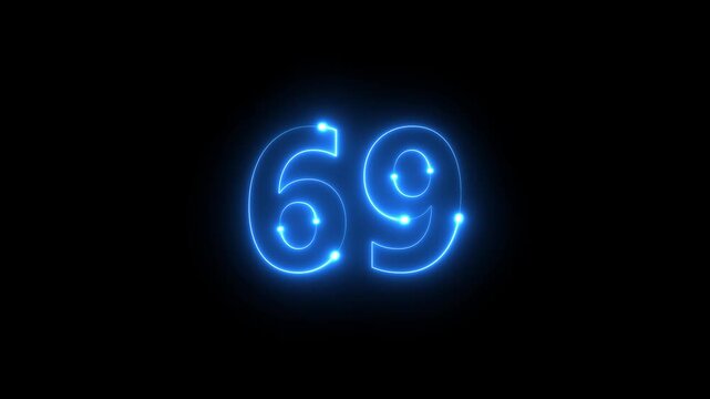 Bright blue neon light forms the number 69 against a stark black background creating a vibrant display