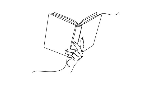 Hand holding open book continuous line art knowledge document vector