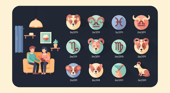 A couple on a sofa consults astrological charts with various zodiac symbols surrounding them