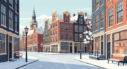 Obraz premium A charming winter scene of snow-covered buildings with a tower